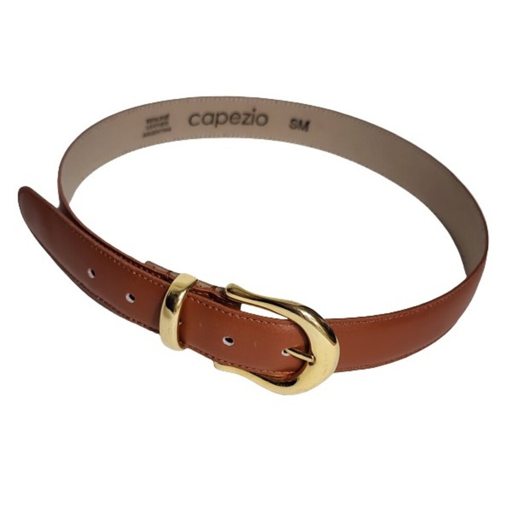Capezio Argentina Genuine Leather Dress Belt Brown Tan Gold-Color Buckle Size SM